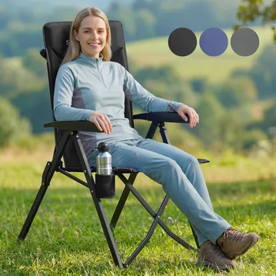 Produktbild von SONGMICS Campingstuhl, verstellbare Rückenlehne 95°-150°, Getränkehalter, Tragetasche, Angeln, Garten, Camping, schwarz