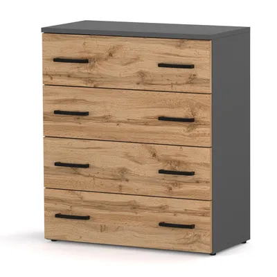 A modern chest of drawers with a gray matte top and sides, and four wooden drawers with black handles, set against a white background.