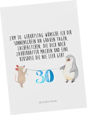 Produktbild von Mr. & Mrs. Panda Postkarte 30. Geburtstag Maus Pinguin - Weiß - Geschenk, Happy Birthday, Torte, Grußkarte, Ansichtskarte, einzelkarte, Postkarten, Kuchen, bildkarte
