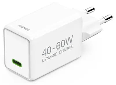 Produktbild von HAMA Schnellladegerät, GaN, USB-C, PD, Dynamic Fast Charger 40-60 W, Weiß (00201941)