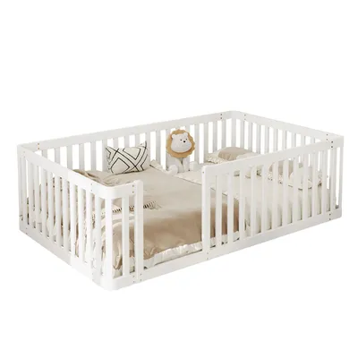 Produktbild von Kinderbett mit Zaun und Rausfallschutz, Babybett ohne Lattenrost, 90x200 cm, Holzbett, Einzelbett