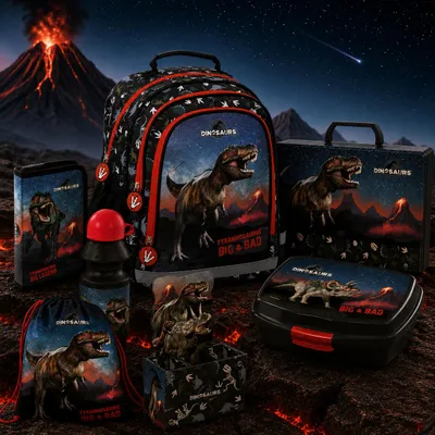 Produktbild von 7in1 Dinosaurier SCHULRUCKSACK SCHULRANZEN Set Ranzen Federmäppchen Turnbeutel fur jungen T-REX DINO Tyrannosaurus, KI-generiertes Bild
