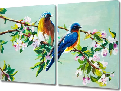 Produktbild von Coloray Herdabdeckplatte 2x40x52 cm Schneidebrett Kochplattenabdeckung Küchenbrett Hackbrett - Zweige Blätter Blumen Vögel