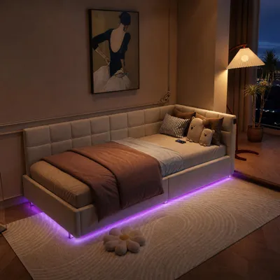 Produktbild von UnboxG Ausziehbares Schlafsofa 90×200 cm in Beige – Gasdruckfeder, USB & Type-C Ladeanschlüsse, RGB-Beleuchtung unter dem Bett