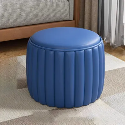 Image de Pouf en cuir, pouf en cuir, repose-pieds, mousse hautement élastique, imperméable et résistante aux taches, bois massif, bleu