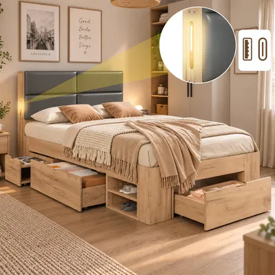 Zdjęcie produktu dla Łóżko młodzieżowe 90x200 cm z szufladami i pojemnikami, klasyczne łóżko jednoosobowe z lampką nocną, łóżko z pojemnikiem i portami USB oraz Type-C, w naturalnym wykończeniu