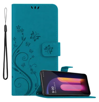 Produktbild von Cadorabo Hülle für LG V60 ThinQ in FLORAL BLAU Schutzhülle im Blumen Design mit Magnetverschluss, Standfunktion und Kartenfächern Flip Case Flower Cover Etui Handy Klapp Hülle Book Tasche