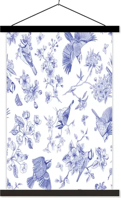 Produktbild von MuchoWow® Textilposter Blumen - Vögel - Blau 60x90 cm mit schwarzem Rahmen - Poster Wohnzimmer