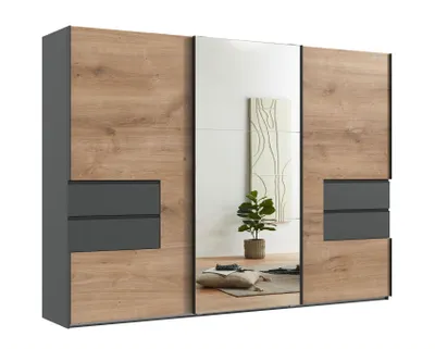 Produktbild von Schwebetürenschrank Kleiderschrank 300 cm Spiegel Schubladen Grafit, Eiche Nachbildung / 22055