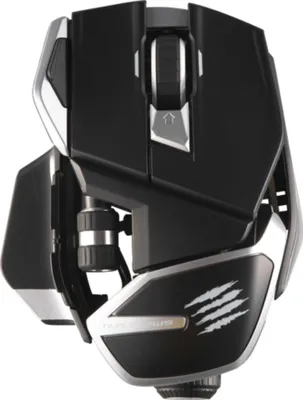 A black and silver gaming mouse is shown from a top-down perspective against a white background.