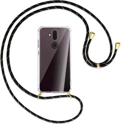 Produktbild von Handykette Backcover-Schutzhülle mit Band (Metall goldfarben) für Nokia 8.1 - schwarz/gold