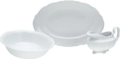 A white porcelain serving set consisting of a large oval platter, a smaller oval bowl, and a gravy boat, arranged on a white background.