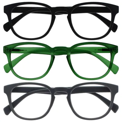 Produktbild von OPULIZE Pop Lesebrille 3er Pack Keck Rund Matt Rahmen Federscharniere Kratzfest Schwarz Grün Grau Herren Damen RRR2-167 +3.00