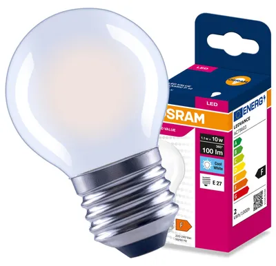Immagine prodotto di Lampada LED E27 a forma di sfera (P45), 1,1W = 10W, 100 lumen, 4000K (luce neutra), 300°, tecnologia Filament, marca Osram, Immagine generata dall'IA
