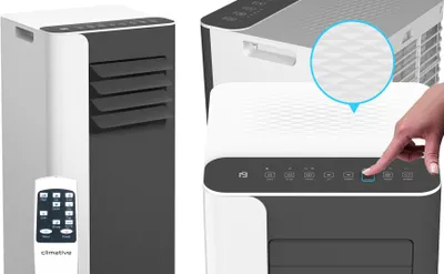 A collage of images showing a portable air conditioner and its remote control, with a close-up of the control panel being pressed.
