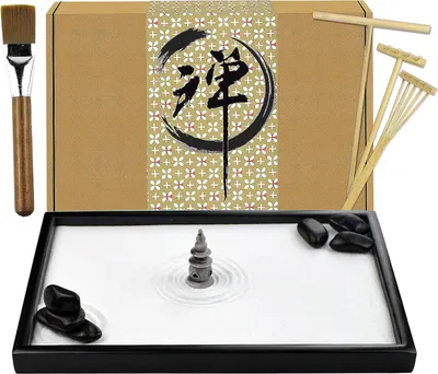 Produktbild von Japanischer Zen Sandgarten für das Büro mit Regal, Standard, Steinen und Mini-Furnierartikeln, Schreibtischzubehör, Mini-Zen Sandgarten-Set, Meditationsgeschenke