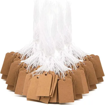 Produktbild von Packung mit 200 Preisschildern aus Kraftpapier – 25 x 15 mm – Handgefertigt – Mit Gummiband – Für Schmuck, Kleidung, Geschenke (braun)
