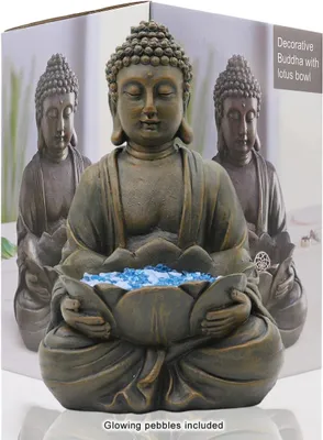 Obrázek produktu pro Meditace – velká socha Buddhy, ideální jako dekorace do zahrady, doplněná o kamínky ve tvaru lotosů, pro relaxaci