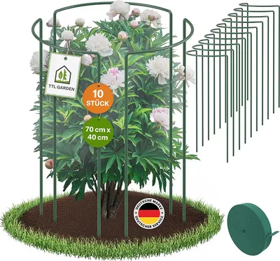 Produktbild von TTL GARDEN Strauchstützen 70×40 cm 10er Set inkl. 10 m Klettband – Pflanzenstütze grün