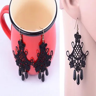 Produktbild von Retro Vintage Halloween schwarze Spitze Quaste Aussage baumeln Haken Ohrringe Schmuck