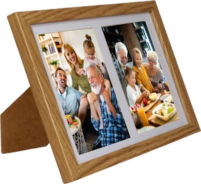 A wooden collage picture frame displaying two family photos.