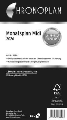 Produktbild von Chronoplan 50516, Monatsplan, 2026, Midi, weiß