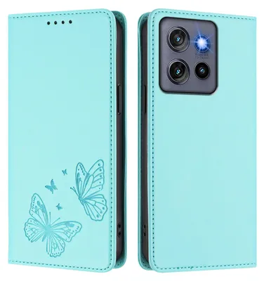 Image de Étui en cuir pour Motorola Edge 60 Neo/Edge 50 Neo, motif papillon, étui à rabat avec porte-appareil Vert menthe