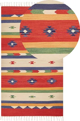 Zdjęcie produktu dla BELIANI Dywan kilim wielokolorowy bawełniany 80 x 150 cm ręcznie robiony wzór geometryczny z frędzlami