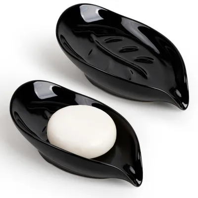 Produktbild von Keramik Seifenschale Blattform 2er-Set Schwarz mit Wasserablauf