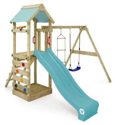 Produktbild von Spielturm Wickey FreeFlyer mit Doppelschaukel und Rutsche, aus Holz, pastellblau