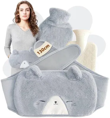 Produktbild von Unyqoos® Wärmflaschen-Set 3-in-1 – hochdichte Gummi-Wärmflasche mit weichem Plüschgurt, Taillengurt 130 cm, Wärme- und Kältekompresse zur Schmerzlinderung