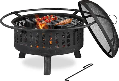 Produktbild von Relaxdays Feuerschale mit Grillrost & Funkenschutz, Schürhaken, Kohlerost, Ø 75 cm, Feuerstelle Garten, schwarz/silber