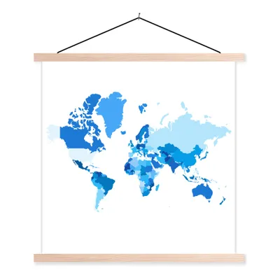 Produktbild von MuchoWow® Textilposter Weltkarte - Blau - Weiß 120x120 cm mit holzfarbenen Rahmen - Textil-Poster