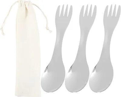 Productafbeelding van Outdoor 2-in-1 bestekset (lepel en vork) van 304 roestvrij staal, 3 stuks, lichtgewicht, multifunctioneel, voor kamperen