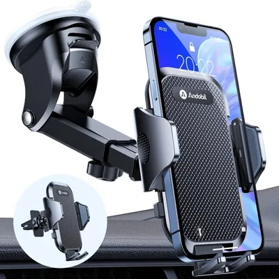 Immagine prodotto di Supporto per telefono da auto 3-in-1 con ventosa, universale, per iPhone e Samsung, colore nero