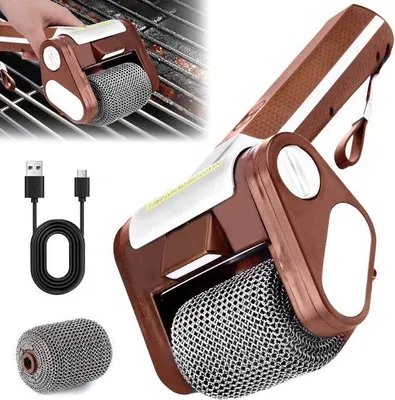 Image de Nettoyeurs électriques pour barbecue sans poils, en acier 304, kit de nettoyage sans fil avec éclairage LED, rouleau amovible en acier 304 tournant à 350 tours par minute