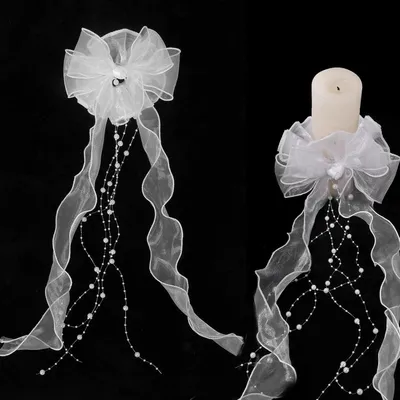 Imagen del producto de Cuello con volantes para vela de comunión, color blanco, con lazo y cintas rizadas