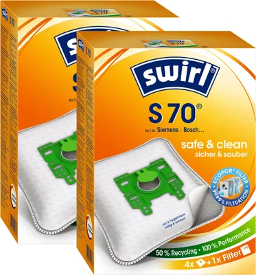 Two boxes of Swirl S 70 vacuum cleaner bags are shown, with one box slightly in front of the other.