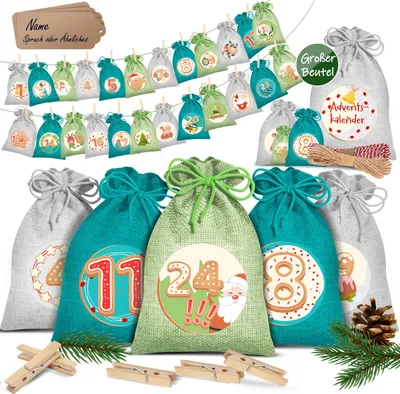 Produktbild von KESSER® Adventskalender zum Befüllen 24 Jutebeutel Gedruckte Stoffbeutel Kinder Weihnachtskalender zum Selber Befüllen Inkl.. 24x Schildchen + 1 Großer Aufbewahrungsbeutel Stoff