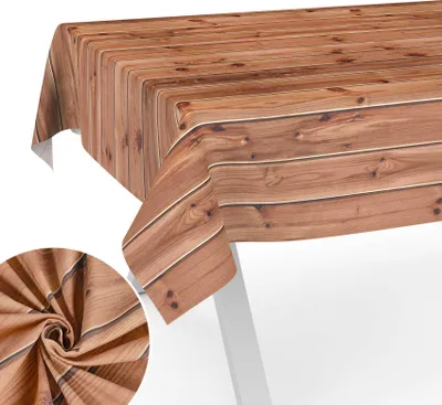 Produktbild von Tischdecke Holz aus Textil mit Exclusiven Motiven wasserabweisend Tischtuch Tischwäsche Aquarell Braun Breite 140cm Länge 120cm mit Schnittkante
