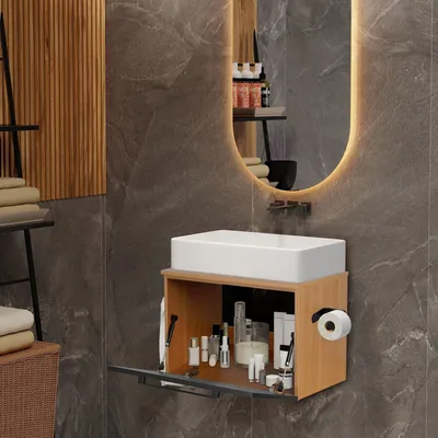 Productafbeelding van Puluomis Badkamerkast met wastafel, inclusief handdoekhouder, toiletrolhouder, badkamerkast, badkameraccessoires, badkamerrek, zwart, bruin