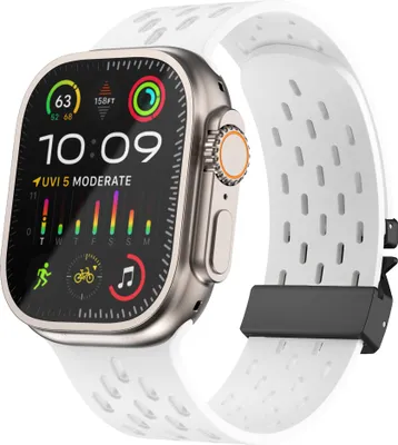 Produktbild von Strap-it Atmungsaktives Silikon-Sportband mit Fallschirmschließe - passend für die Apple Watch / iWatch Serie 1/2/3/4/5/6/7/8/9/10/Ultra(2) - große Größen 44mm - 45mm - 46mm - 49mm (weiß)