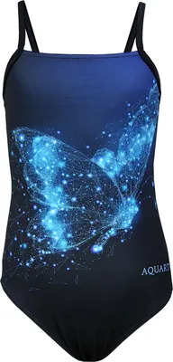 Produktbild von Aquarti Mädchen Badeanzug mit Spaghettiträgern Streifen – Sport Badeanzug Mädchen, Chlorresistent, Farbe: Schmetterling Blau / Schwarz, Größe: 134