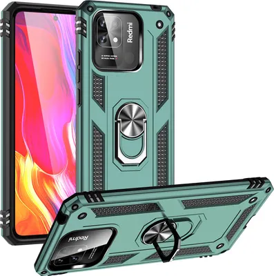 Obrázek produktu pro Pouzdro pro Xiaomi Redmi 10C dvouvrstvé robustní, vojenská ochrana pouzdro s držákem prstenu a stojánkem zelené