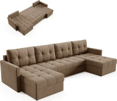 Produktbild von BETTSO Elegantes U-Ecksofa OLIVIA 301 cm mit Schlaffunktion gesteppt Hellbraun automatische DL