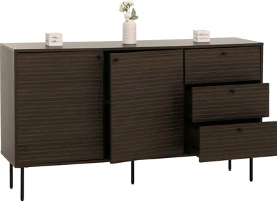 Immagine prodotto di Cassettiera HWC-N78, credenza, 3 cassetti 2 ante, stile scandinavo metallo legno melamina MVG 85x150x40cm ~ marrone scuro