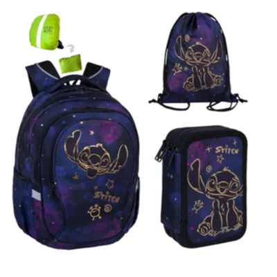 Produktbild von Goldkids - Schulranzen für Jungen und Mädchen, 4er-Set - Schul-Rucksack für Kinder mit Federmäppchen - Schuhbeutel und Regenschutz - Stitch Motiv
