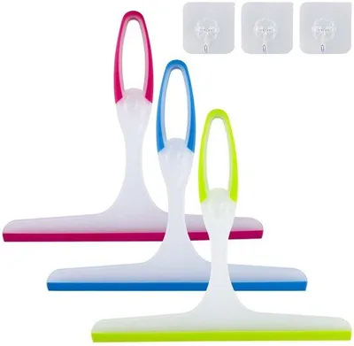 Immagine prodotto di Set di tre tergicristalli con supporto in plastica e raschietto per la pulizia di specchi, bagni e finestre