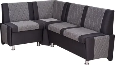 A gray and black corner bench with a diamond-stitched pattern.