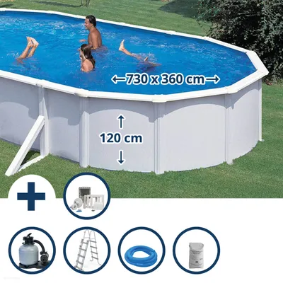 Produktbild von Stahlwandpool Set (6-teilig) hoch oval Classic 730x360x120 cm, Stahl 0,45mm weiß Folie 0,3mm blau
